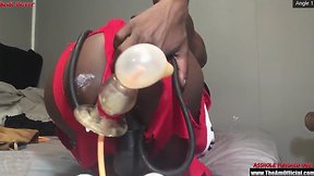 Using mammoth toy to beat up his destroyed hole the backside bouquet of buttplug with